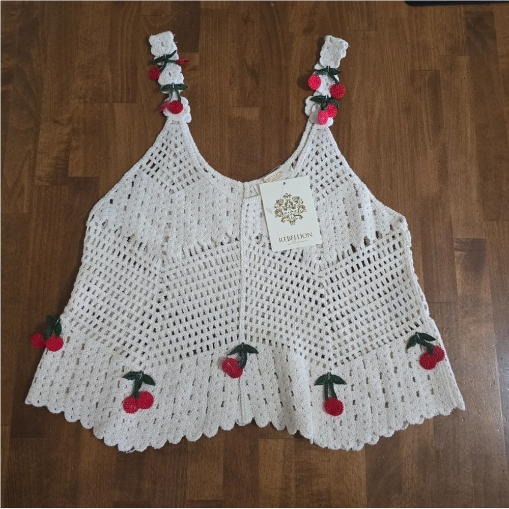 NWOT Cherry Crochet Top EMBELLISHED knit REBELLION AGAIN 3D Cherries new - Picture 7 of 11